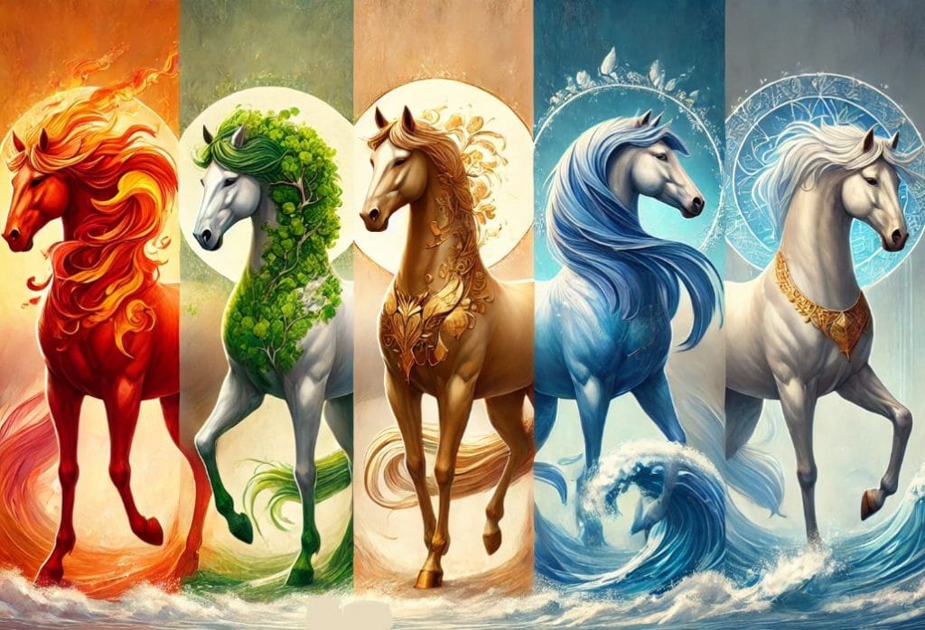 Illustration of five horses representing the Five Elements – Fire, Wood, Earth, Metal, and Water – a temperament framework often confused with the Fire Horse year 2026 in Chinese astrology.