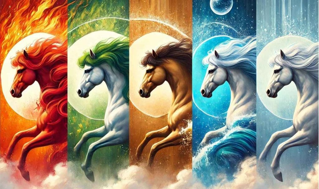Illustration of five horses representing the Five Elements – Fire, Wood, Earth, Metal, and Water – shown in distinct color themes. Because many people are currently searching for the Year of the Fire Horse 2026, a quick clarification:
In this article, “Fire” does not refer to astrology or zodiac predictions. It describes a temperament pattern – a nervous system style that tends to amplify stimulation rather than dampen it.