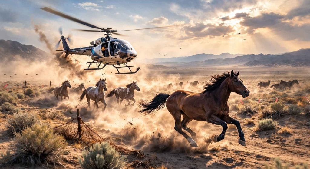 Illustration of helicopter chasing wild horses during a roundup in desert landscape