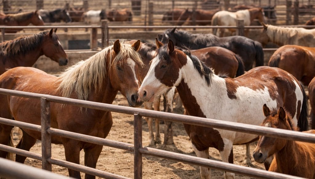 Wild horses in holding facility enclosure after roundup